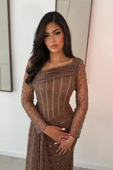 Glamorous Long Sleeves Mermaid Prom Dresses Column Beads With Pleats