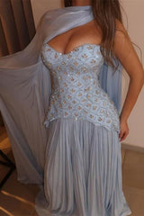 Stunning Sky Blue Sweetheart Strapless Sleeveless Chiffon Prom Dresses Gem With Pleats