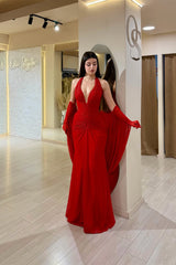 Charming Red Halter Sleeveless Mermaid Prom Dresses Sheath With Gloves