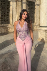 Chic Pink Halter Sleeveless Satin Mermaid Prom Dresses Beads With Pleats Zipper