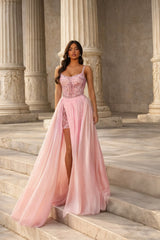 Timeless Pink Spaghetti Straps Sleeveless A-Line Chiffon Prom Dresses Gem With Beads