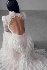 Charming White High Collar Long Sleeves Lace Prom Dresses Mermaid Backless With Pleats