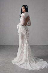 Charming White High Collar Long Sleeves Lace Prom Dresses Mermaid Backless With Pleats