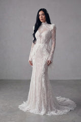 Charming White High Collar Long Sleeves Lace Prom Dresses Mermaid Backless With Pleats
