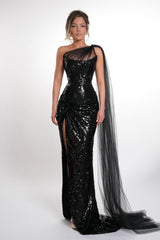 Elegant Black One Shoulder Sleeveless Sequins Mermaid Prom Dresses High Split With Lace-Up Back