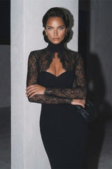 Graceful Black Sweetheart High Collar Long Sleeves Satin Lace Prom Dresses Mermaid Column With Zipper