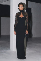 Graceful Black Sweetheart High Collar Long Sleeves Satin Lace Prom Dresses Mermaid Column With Zipper