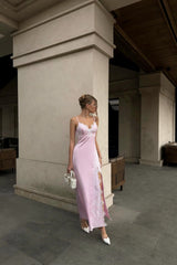 Pretty Pink V-Neck Spaghetti Straps Sleeveless Satin Prom Dresses Lace With High Split