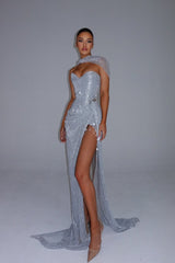 Stunning Silver Sweetheart Strapless Sleeveless Prom Dresses Mermaid Gem With High Split
