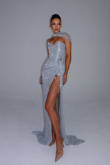 Stunning Silver Sweetheart Strapless Sleeveless Prom Dresses Mermaid Gem With High Split