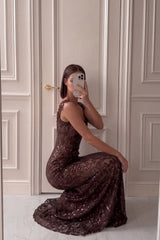 Charming Chocolate Straps Sleeveless Lace Mermaid Column Long Prom Dresses