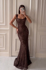 Charming Chocolate Straps Sleeveless Lace Mermaid Column Long Prom Dresses