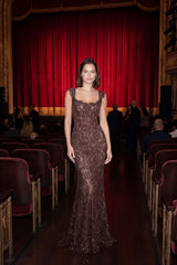 Charming Chocolate Straps Sleeveless Lace Mermaid Column Long Prom Dresses