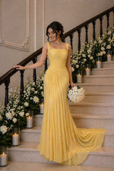 Graceful Yellow Straps Sleeveless Chiffon Prom Dresses Floor Length With Pleats