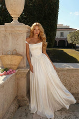 Timeless Off-The-Shoulder Satin Prom Dresses A-Line With Pleats