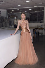 Charming Halter Sleeveless A-Line Tulle Prom Dresses Gem Backless With Zipper