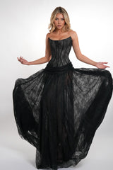 Elegant Black Strapless Sleeveless Lace Prom Dresses A-Line With Lace-Up Back