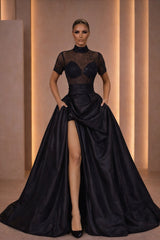 Charming Black High Collar Short Sleeves Satin Prom Dresses A-Line Gem With High Split