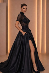 Charming Black High Collar Short Sleeves Satin Prom Dresses A-Line Gem With High Split