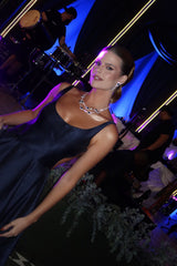 Romantic Dark Navy Straps Sleeveless Satin Prom Dresses A-Line With Pockets