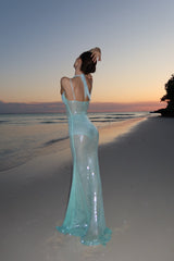 Charming Mint Green Halter Spaghetti Straps Mermaid Prom Dresses Column With Zipper