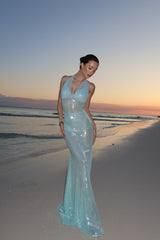 Charming Mint Green Halter Spaghetti Straps Mermaid Prom Dresses Column With Zipper