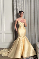 Elegant Daffodil Sweetheart Strapless Sleeveless Satin Mermaid Prom Dresses Column With Zipper