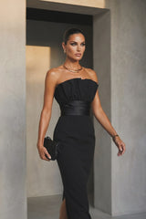 Elegant Black Strapless Sleeveless Satin Prom Dresses Mermaid With Zipper Pleats