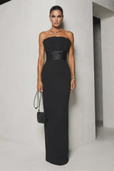 Elegant Black Strapless Sleeveless Satin Prom Dresses Mermaid With Zipper Pleats