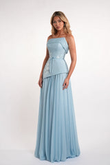Charming Dusty Blue Strapless Sleeveless Chiffon Sequins Prom Dresses Long With Lace-Up Back
