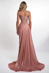 Chic Dusty Rose Strapless Sleeveless Mermaid Prom Dresses High Split With Pleats Lace-Up Back