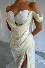 Graceful Off-The-Shoulder Sweetheart Mermaid Prom Dresses Side Split With Pleats