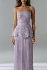Dazzling Lilac Strapless Sleeveless Prom Dresses Pearl With Tassel Zipper