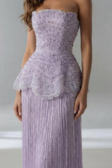 Dazzling Lilac Strapless Sleeveless Prom Dresses Pearl With Tassel Zipper