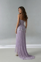 Dazzling Lilac Strapless Sleeveless Prom Dresses Pearl With Tassel Zipper