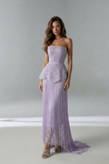 Dazzling Lilac Strapless Sleeveless Prom Dresses Pearl With Tassel Zipper