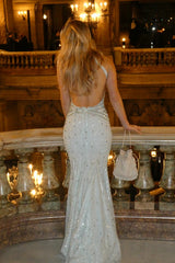 Charming Halter V-Neck Sleeveless Mermaid Prom Dresses Gem Backless With Zipper