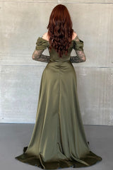 Romantic Green Long Sleeves Satin Prom Dresses A-Line High Split With Pleats