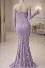 Pretty Lilac Strapless Long Sleeves Mermaid Prom Dresses Sheath Pearl With Zipper