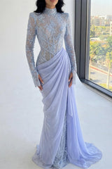 Dazzling High Collar Long Sleeves Mermaid Prom Dresses Sheath With Pleats