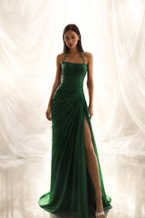 Elegant Emerald Green Halter Sleeveless Mermaid Prom Dresses Side Split With Pleats