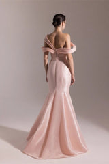 Glamorous Pink Off-The-Shoulder Mermaid Prom Dresses Column With Zipper Pleats