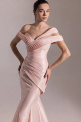 Glamorous Pink Off-The-Shoulder Mermaid Prom Dresses Column With Zipper Pleats
