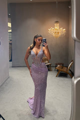 Stunning V-Neck Straps Sleeveless Mermaid Prom Dresses Gem Backless With Pleats