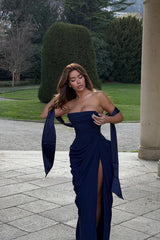Glamorous Dark Navy Strapless Sleeveless Mermaid Prom Dresses High Split With Pleats
