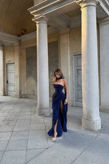 Glamorous Dark Navy Strapless Sleeveless Mermaid Prom Dresses High Split With Pleats