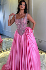 Dazzling Straps Sleeveless Satin Prom Dresses A-Line Gem With Pleats