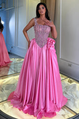 Dazzling Straps Sleeveless Satin Prom Dresses A-Line Gem With Pleats