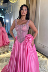 Dazzling Straps Sleeveless Satin Prom Dresses A-Line Gem With Pleats
