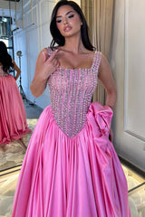 Dazzling Straps Sleeveless Satin Prom Dresses A-Line Gem With Pleats